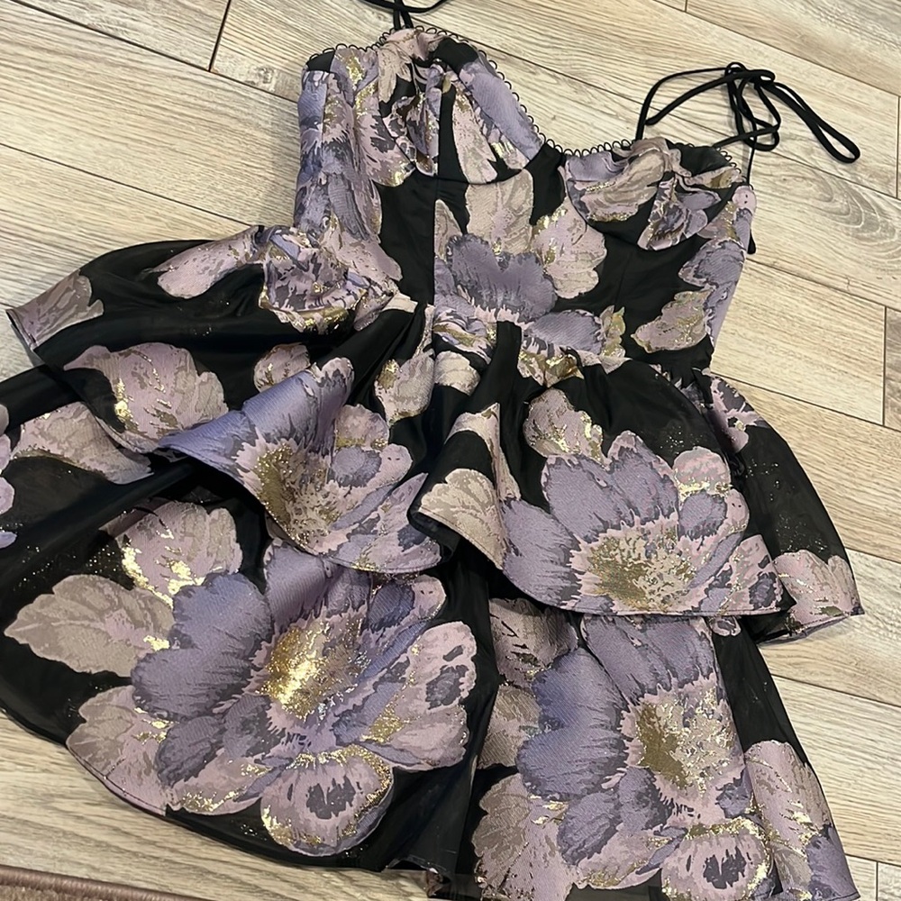 Black and lavender flower short party dress